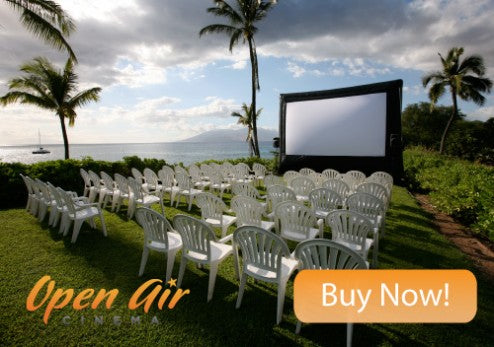 Open Air Cinema Pro 16' outdoor theater system beside a pool