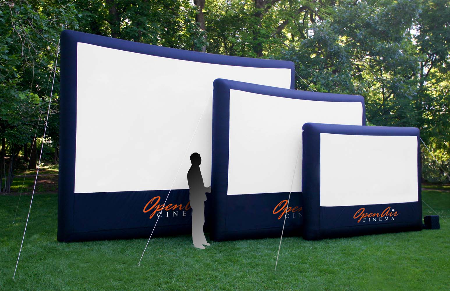 Open Air Cinema Standard screens in three sizes, with a person for scale