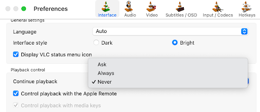 VLC setting: resume playback turned off